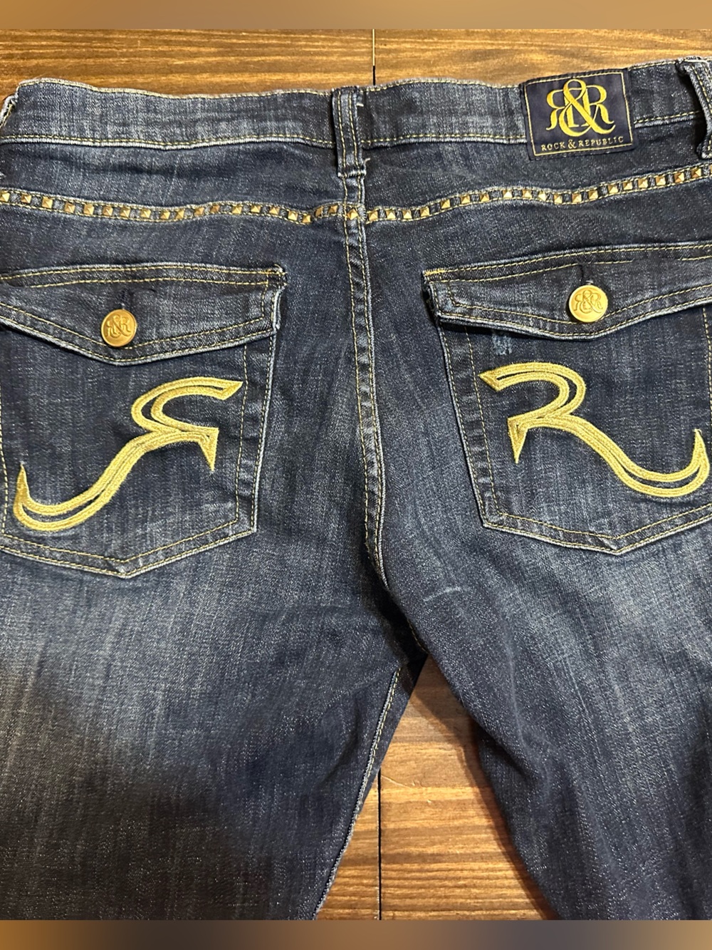 Rock & Republic Kasandra Dark Blue Flare Jeans with Stud Trim Size 14 - Picture 4 of 12